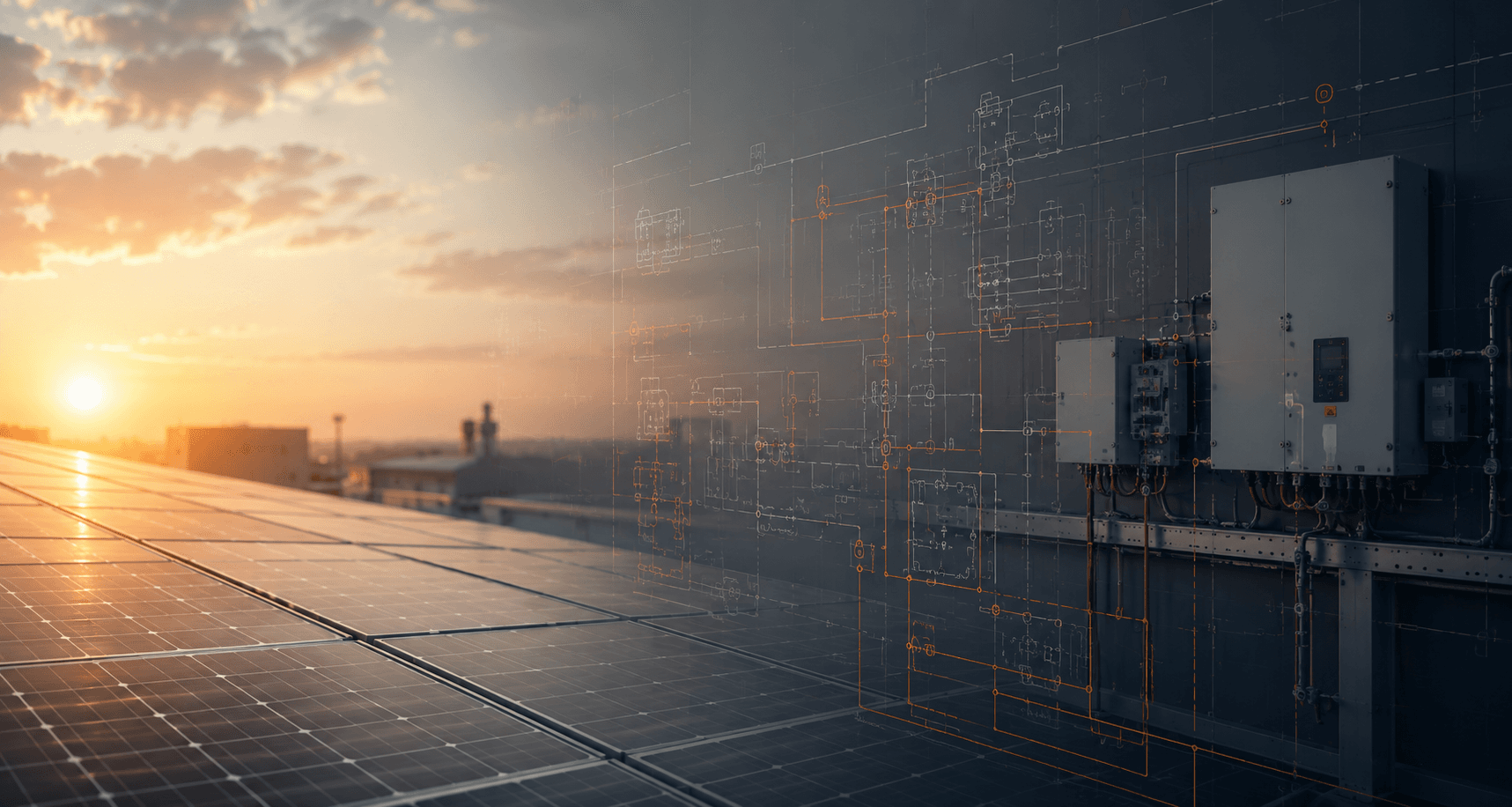 Paneles solares e infraestructura eléctrica al atardecer